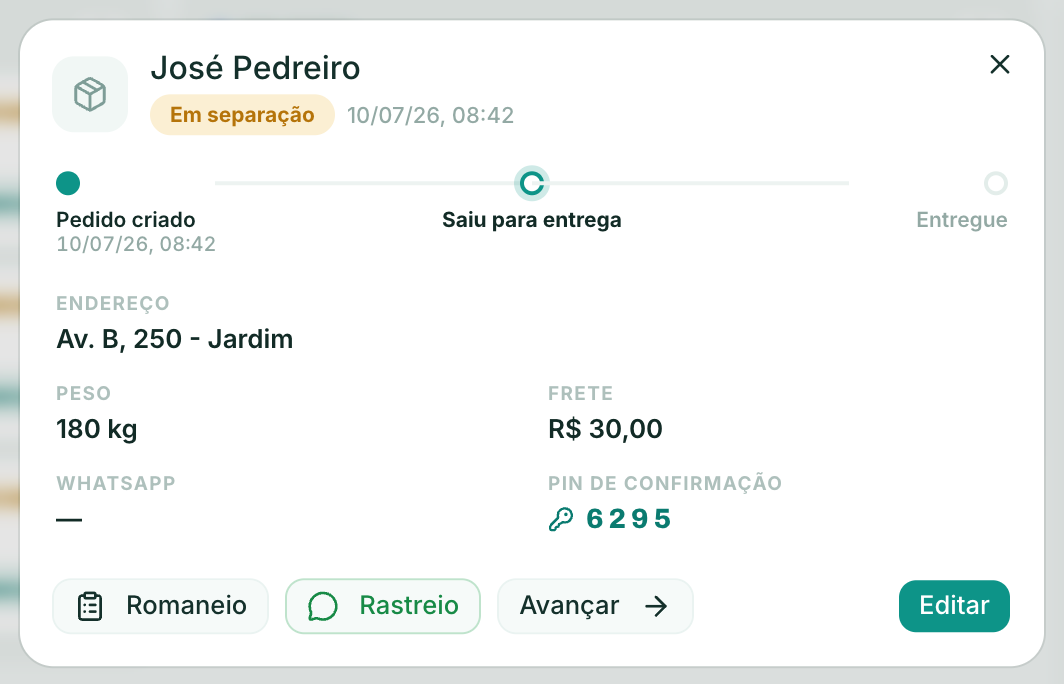 Detalhe da entrega com timeline carimbada: pedido criado, saiu para entrega, entregue