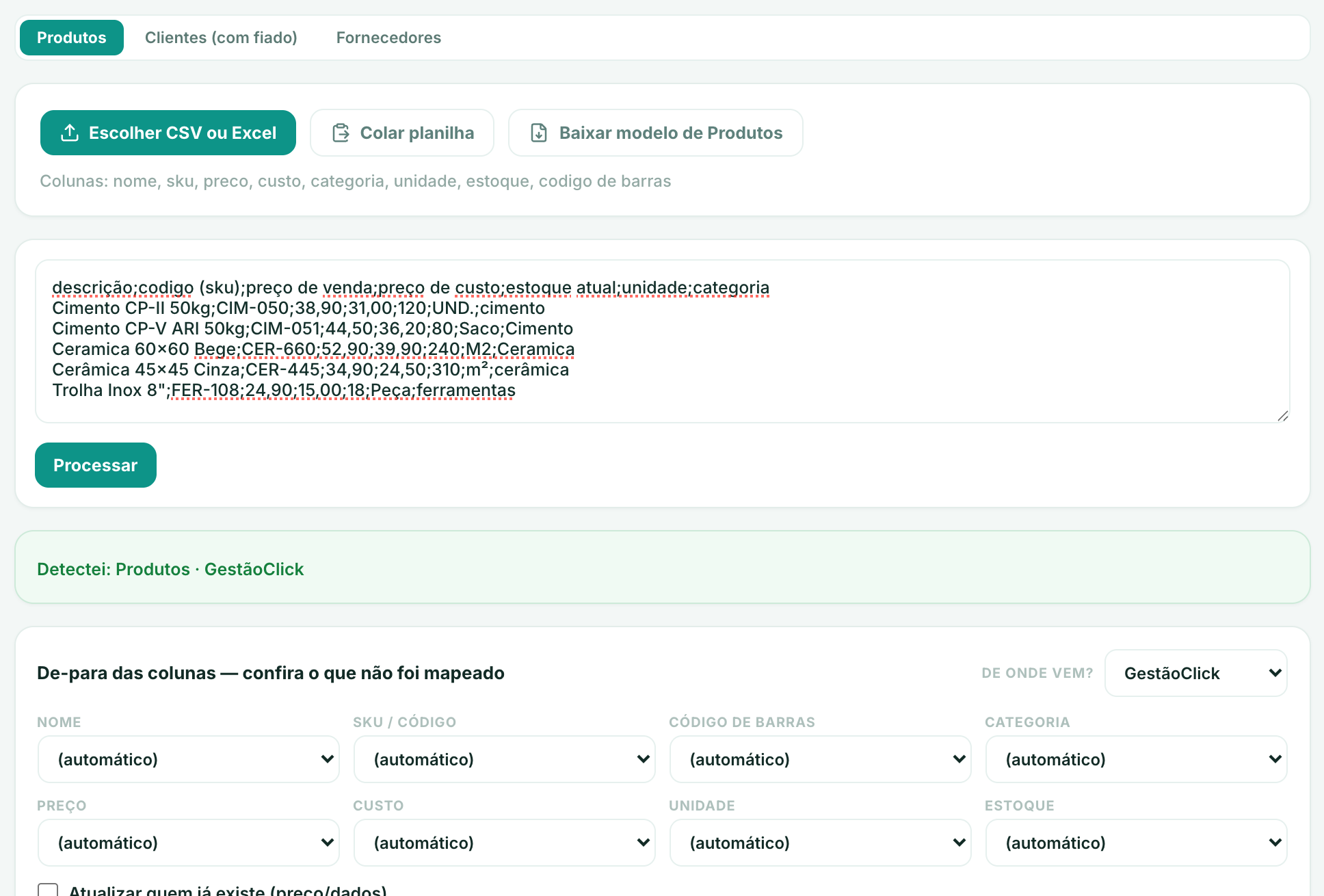 Migrador do Deposito360: planilha colada, formato GestãoClick detectado e colunas mapeadas sozinhas