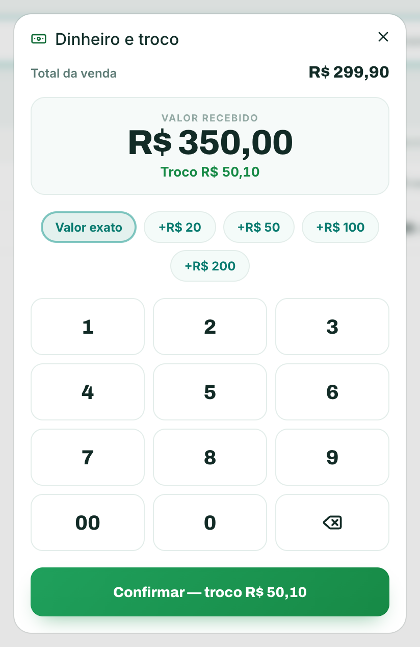 Teclado de troco do PDV: total R$ 299,90, recebido R$ 350,00, troco R$ 50,10